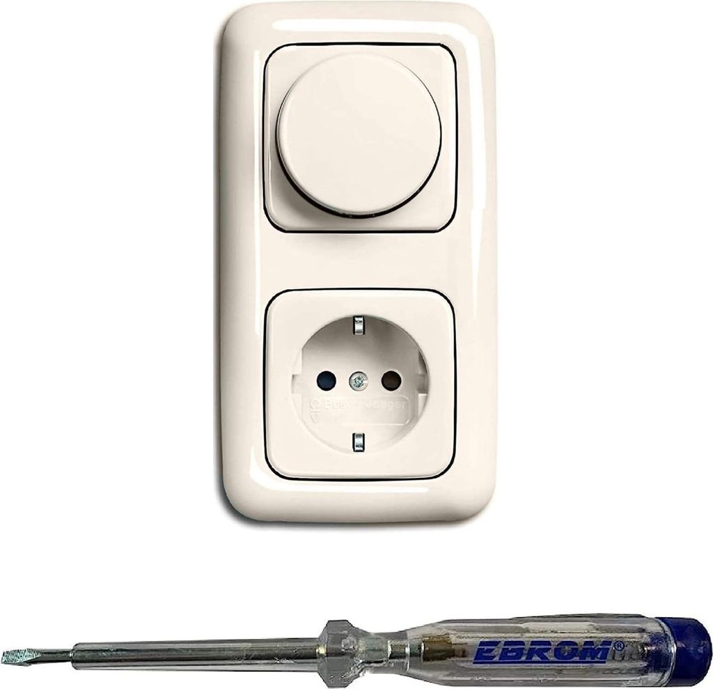 Busch Jäger 6523U-102 LED Drehdimmer Dimmer + Dimmerscheibe 2115-212 und Steckdose 20EUC-212 in DURO2000 cremeweiß glänzend inklusive EBROM Phas...