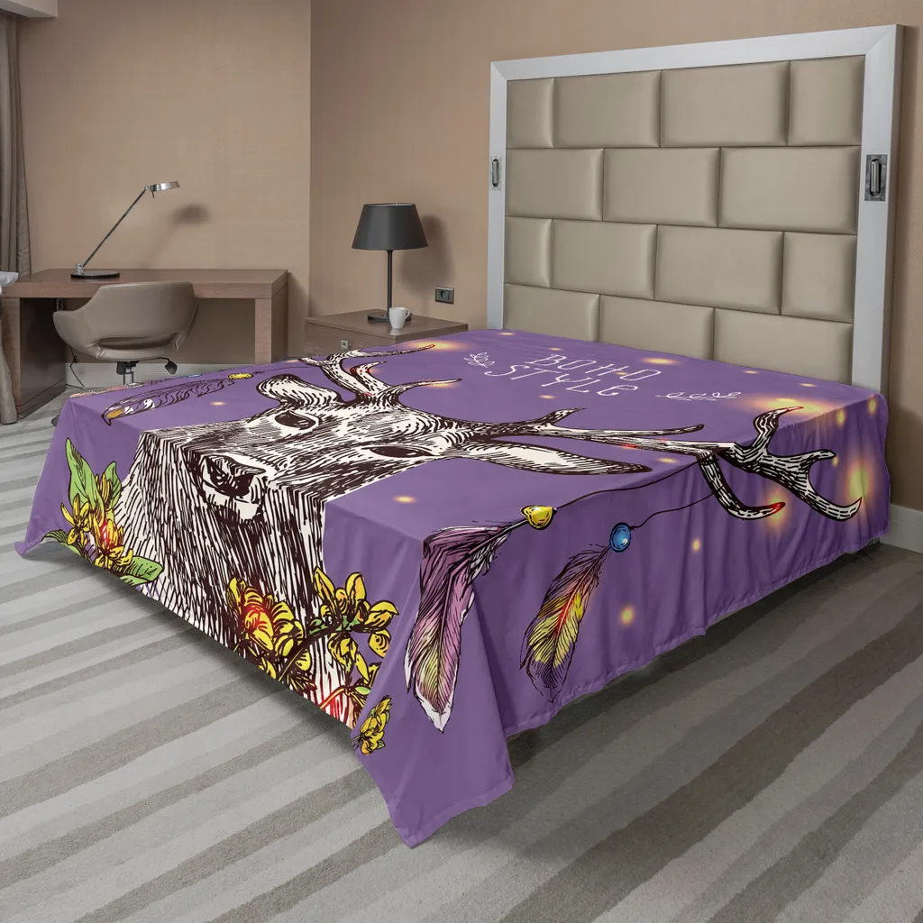 Drap plat en microfibre douce cerf bohème violet pour grand lit 2 places