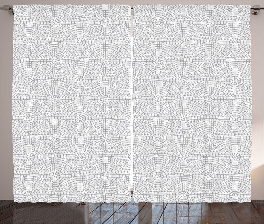 ABAKUHAUS Geometrisch Rustikaler Vorhang, Mosaik-Fliesen Rund, Wohnzimmer Universalband Gardinen mit Schlaufen und Haken, 280 x 225 cm, Grau und Weiß