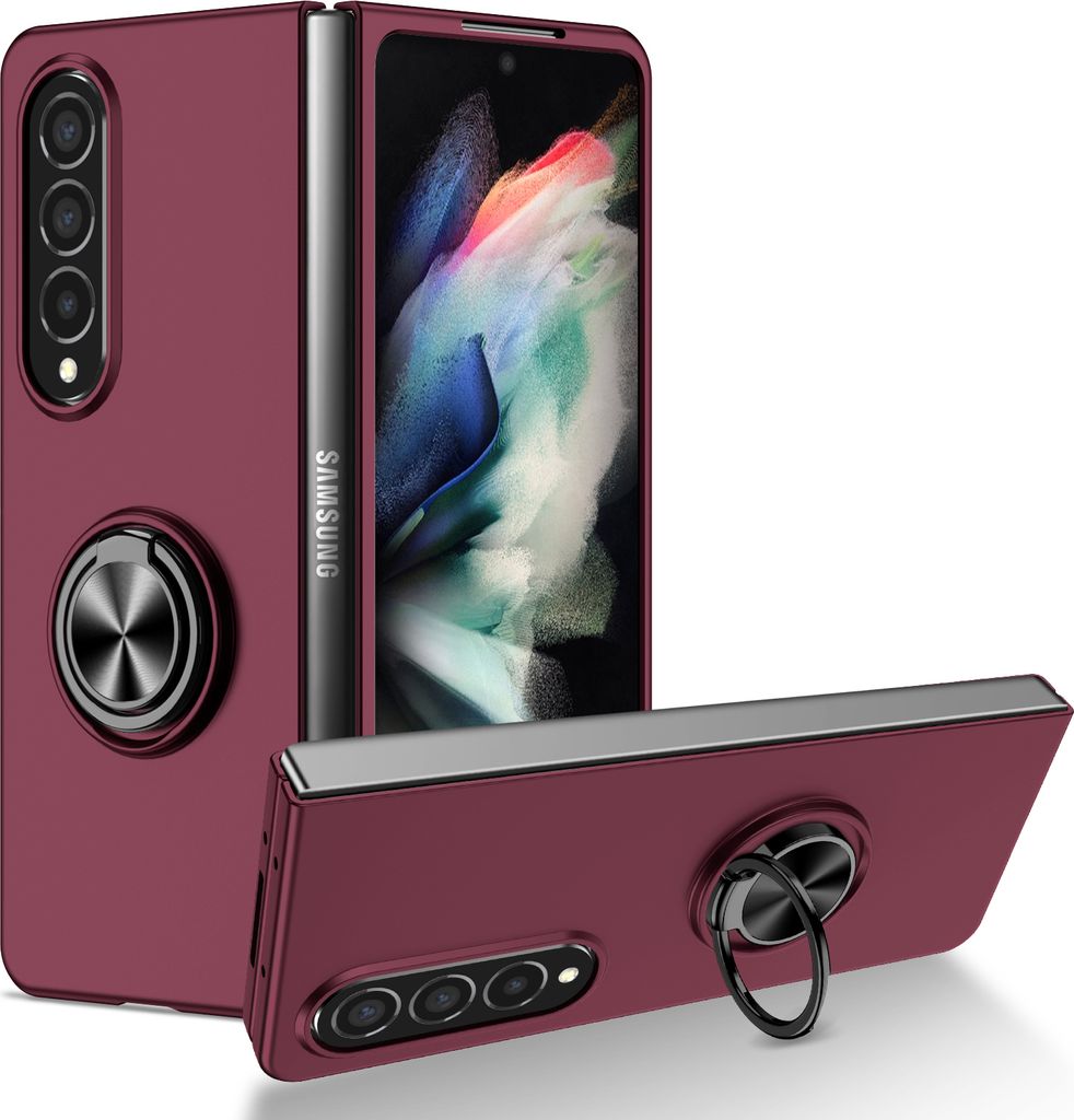 Samsung Z Fold4 Hülle, Dünn Hart PC Schutzhülle mit Ringhalter Ständer für Samsung Galaxy Z Fold 4 5G bordeaux