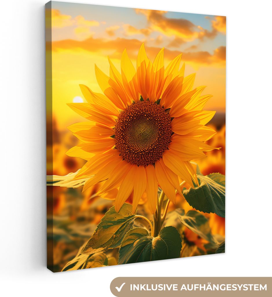 MuchoWow - Leinwandbilder - Sonnenblume - Blumen - Gelb - Blumenfeld mit Sonnenblumen, Wandbild, Wanddeko Bilder Wohnzimmer, 90x120 cm