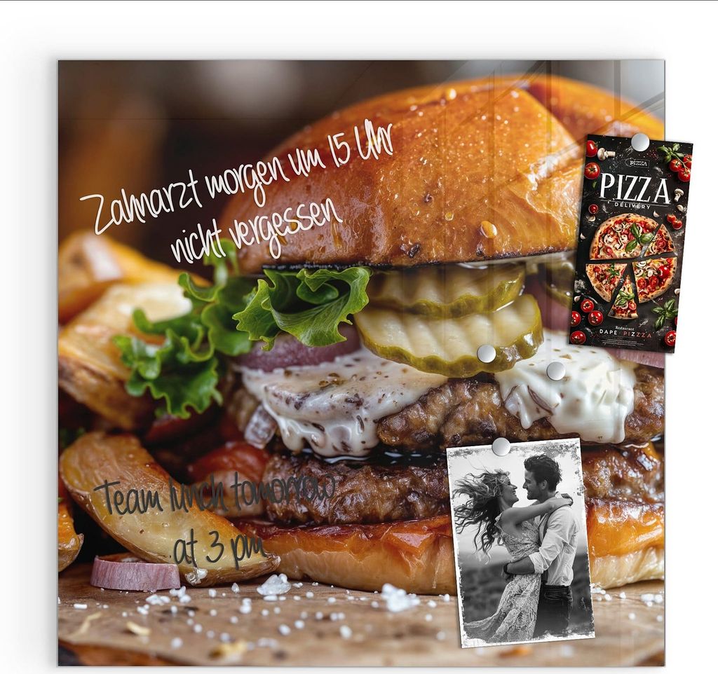 Magnettafel 50x50cm Pinnwand Whiteboard beschreibbar - Burger mit Pommes