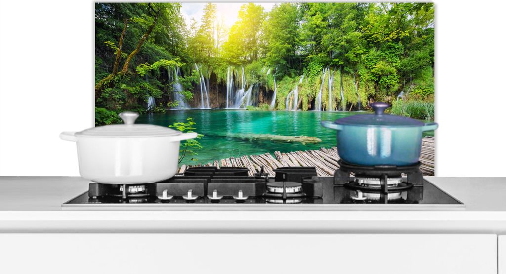 KitchenYeah Spritzschutz Küche - Küchenrückwand - Wandschutz für Herd und Spüle - Brücke - Wasserfall - Natur 90x45 - Alu-Dibond (Alternat...