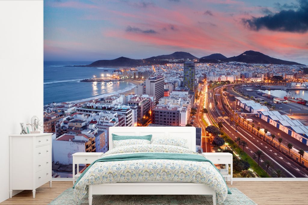 MuchoWow Fototapete für Wohnzimmer oder Schlafzimmer Wandtapete Vinyl Motivtapete Die Stadt Las Palmas auf Gran Canaria am Abend - 390x260 cm - ...