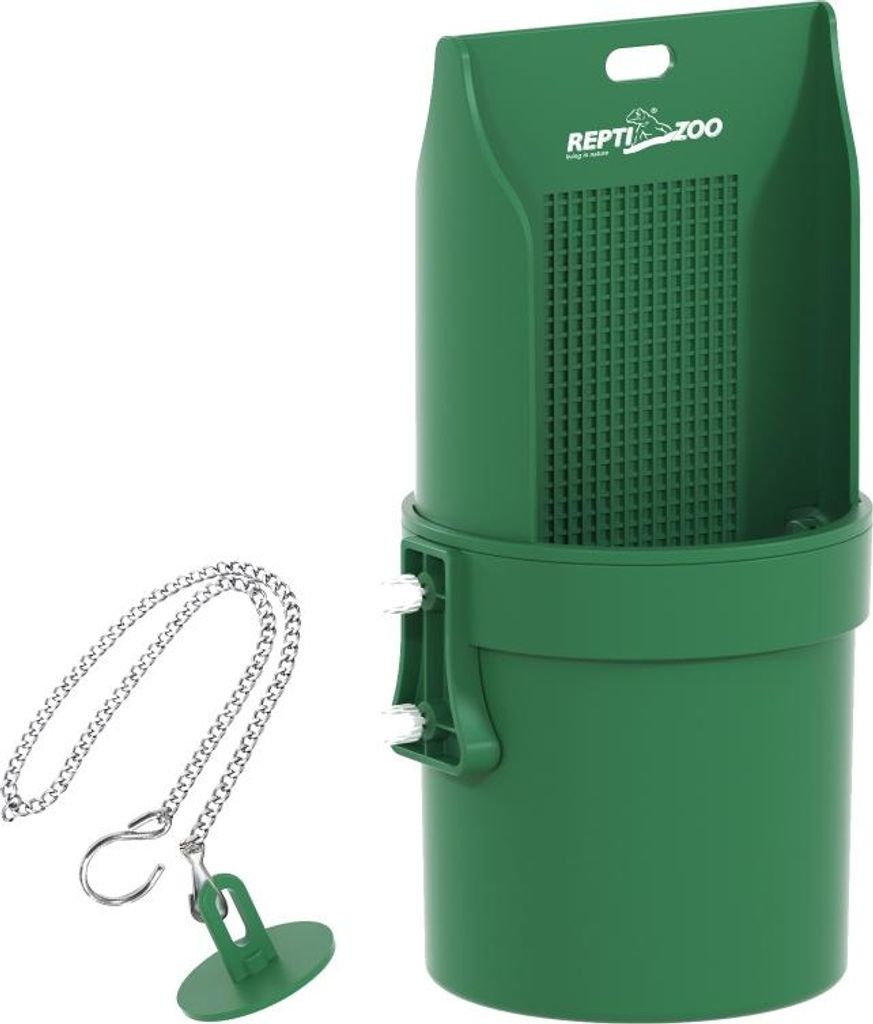A green reptile feeding dish and a silver chain with a green suction cup are shown against a white background.