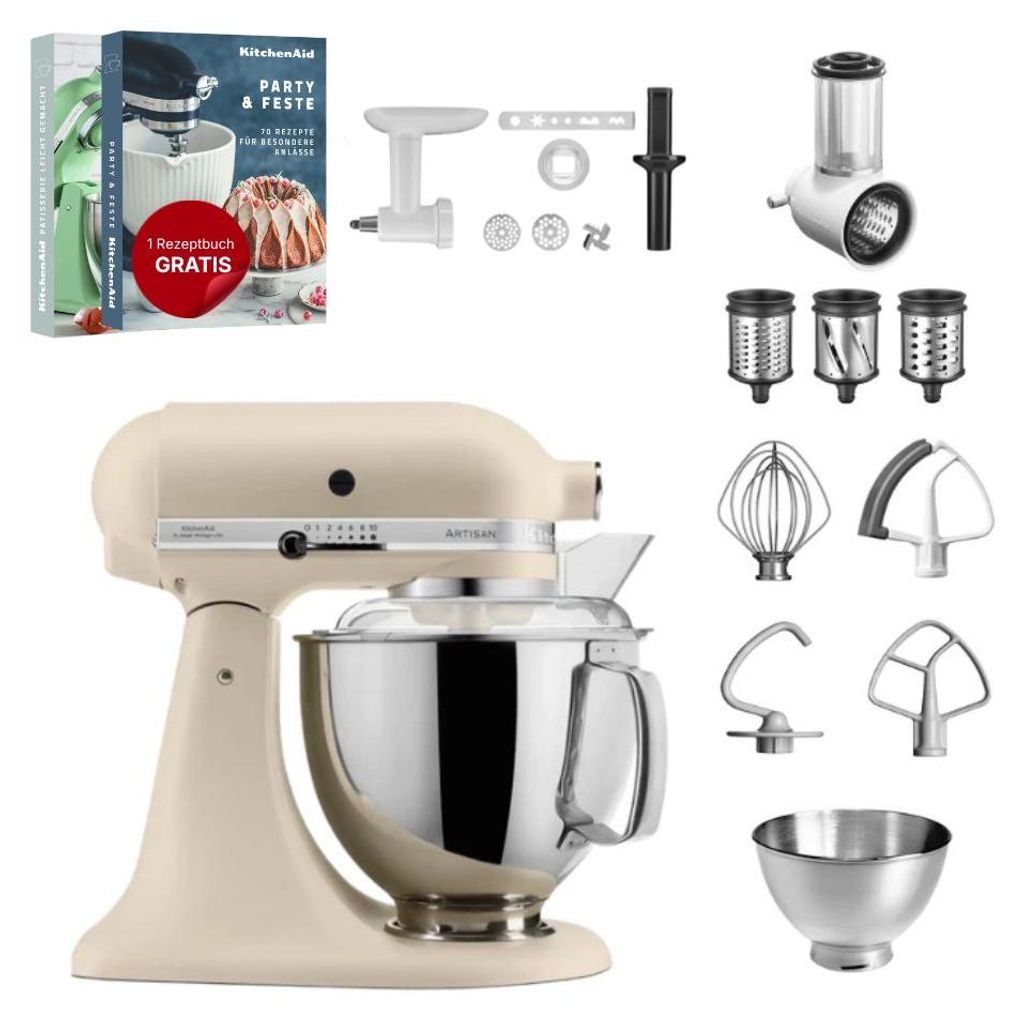 KitchenAid 4,8 L 5KSM175 Artisan Küchenmaschine Set 3 Gemüseschneider+Fleischwolf+Spritzge Fresh Linen