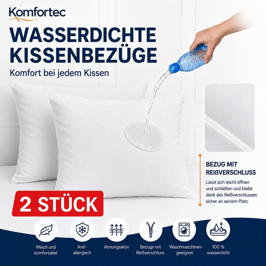 Komfortec Wasserdichter Kissenbezug 2er Set 40x80 cm mit