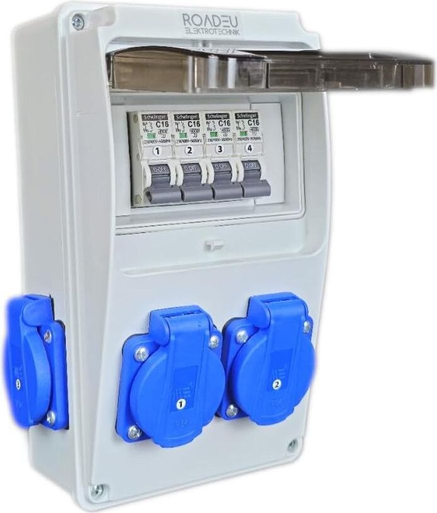 RoadEu - Stromverteiler 230V - 4x Schuko Steckdose mit Schalter - Steckdosenverteiler mit 4x Leistungsschalter C 16A - Verdrahtet, Baustromverteiler