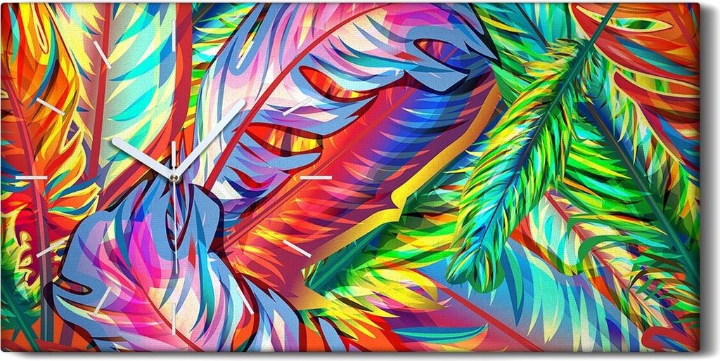 Dekor Leinwand Uhr Wandbilder 60x30 Foto Wand Vogel mehrfarbige Federn - weiße Hände