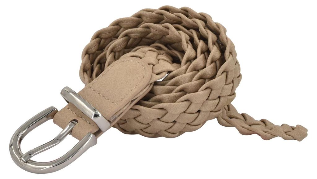 styleBREAKER Damen Flechtgürtel schmal aus Kunstleder | 2,8 cm breit | geflochtener Gürtel mit silberner Dornschließe | One Size 110 cm lang