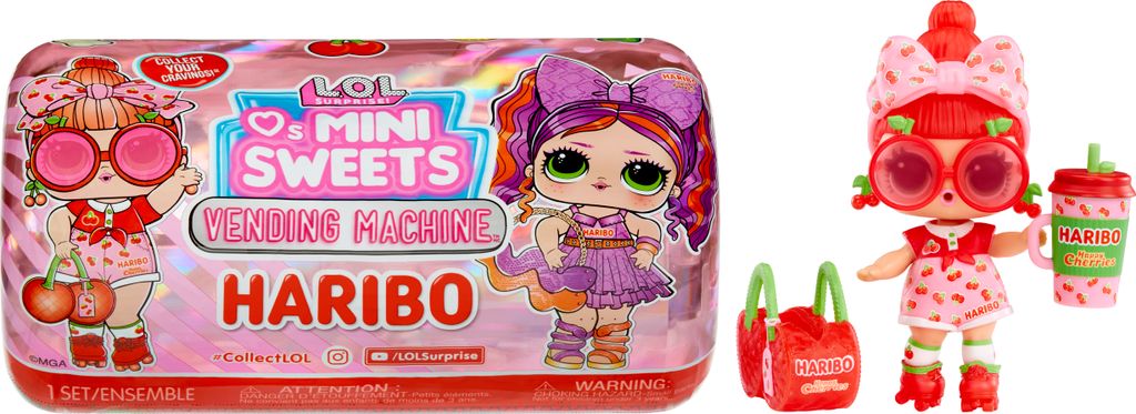 A LOL Surprise Mini Sweets Haribo Vending Machine toy set is displayed next to its packaging.