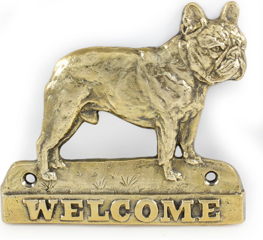 Französische Bulldogge - Türschild mit Hund, messingfarbenes Willkommensschild, einzigartiges Schild mit der Aufschrift Welcome von der Marke Art...