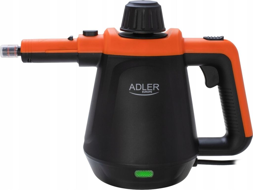 A black and orange steam mop cleaner with the brand name 'ADLER' visible.