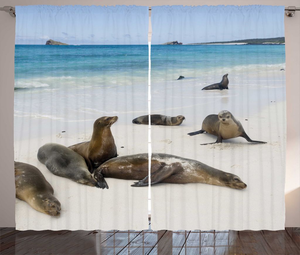 ABAKUHAUS Ecuador Rustikaler Gardine, Galapagos-Insel Sea Lions, Wohnzimmer Universalband Gardinen mit Schlaufen und Haken, 280 x 225 cm, Mehrfarbig
