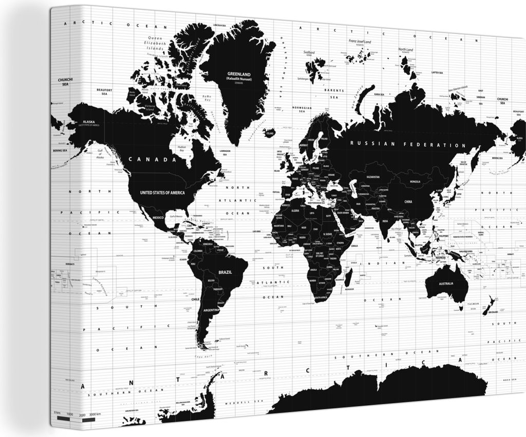 OneMillionCanvasses - Leinwandbilder - 140x90 cm, Weltkarte - Schwarz - Weiß - Atlas - Erde - Bildung, Wandbilder Kunstdruck Wanddekoration - Fo...
