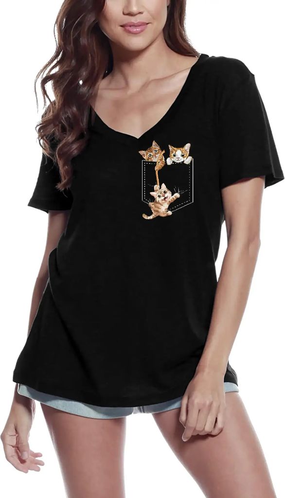 Damen Grafik T-Shirt V-Ausschnitt Katzen in der Tasche Kätzchen Liebhaber – Cats In Pocket Kitten Lover – Öko-Verantwortlich Vintage Jahrgang...