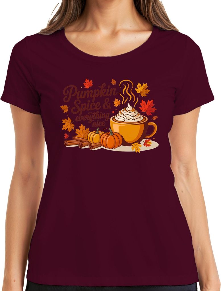 Pumpkin Spice Latte Kürbis Zimt Herbst Kaffee gemütlich Blätter Damen T-Shirt, Burgundy, XL