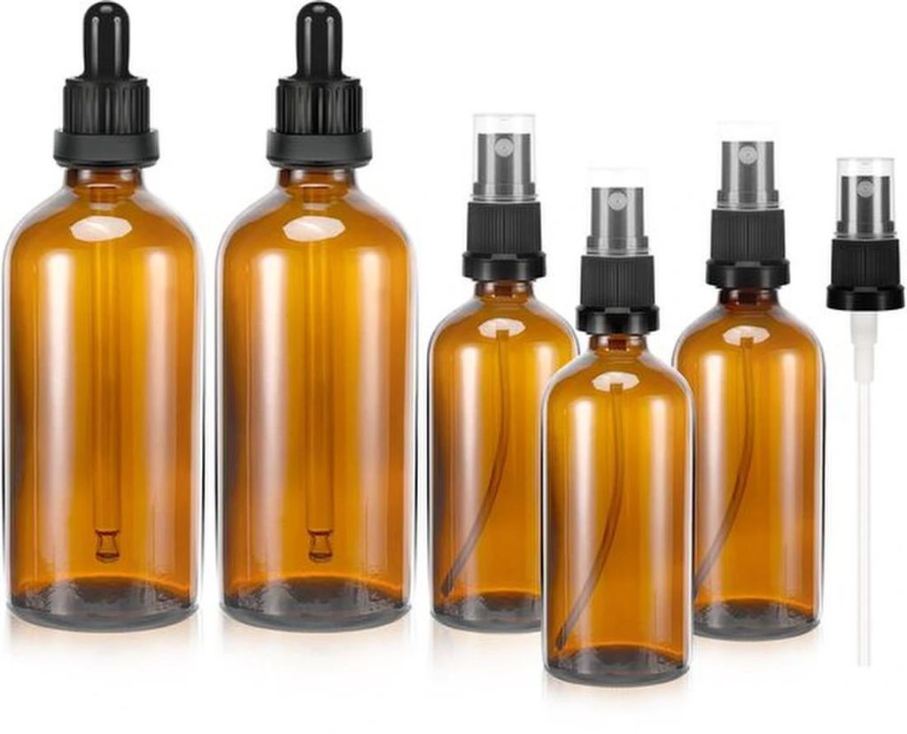 Set aus fünf braunen Glas-Bläsern mit austauschbaren Spritz- und Tropfpunkten