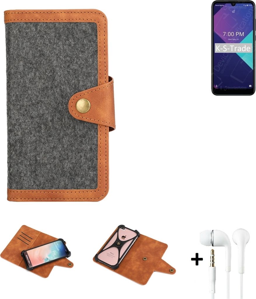 K-S-Trade Handyhülle + Kopfhörer kompatibel mit Wiko Ride 3 Schutzhülle Filzhülle Kunstleder dunkelgrau braun (1x)