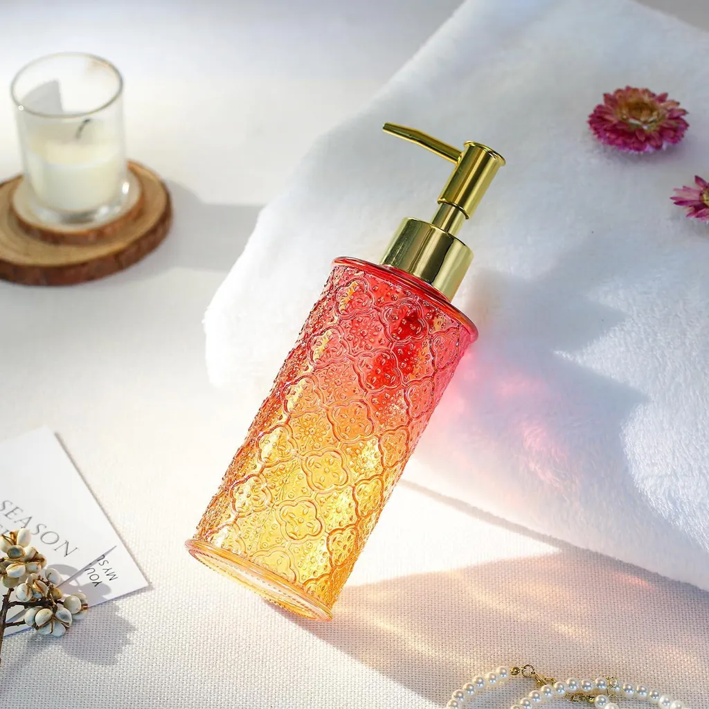Distributeur de savon vintage orange rouge en verre avec pompe solide