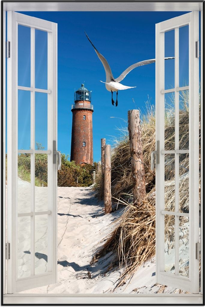 Wallario Wandbild mit Fenster-Illusion: Möwe am Strand mit Leuchtturm, Größe: 61 x 91,5 cm, Poster mit schwarzem Aluminiumrahmen
