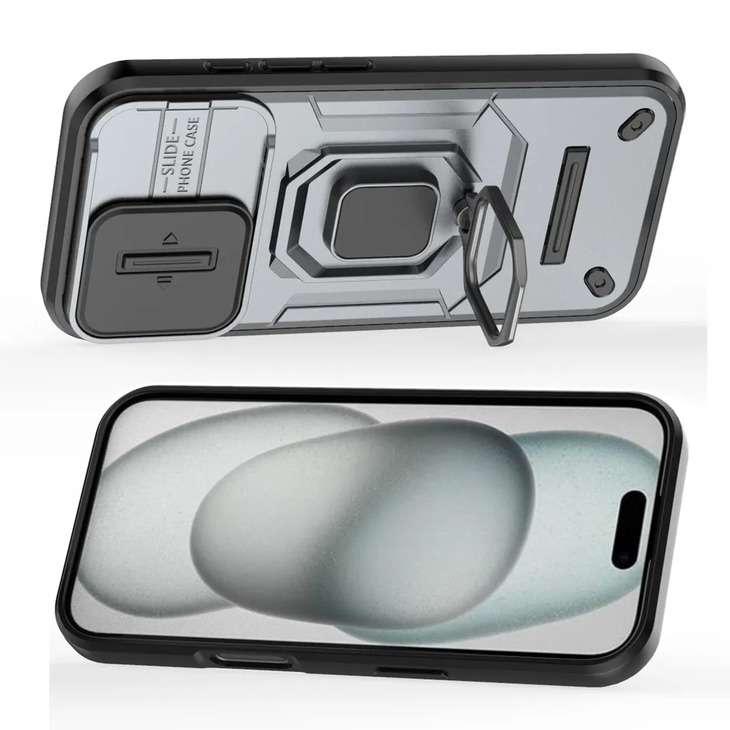 Cover Rugged iPhone 16 Plus Grigio: Doppio Strato con Stand e Slider Cam - 3