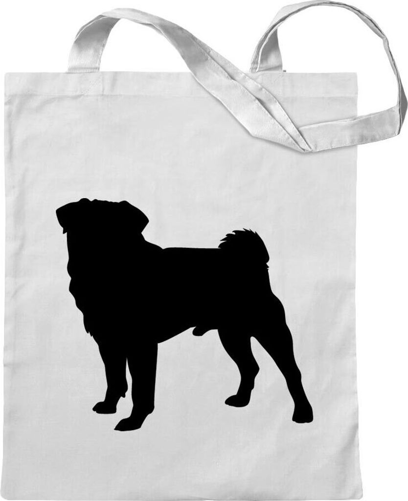 Kiwistar - Baumwolltasche - weiss - Mops Hundrasse Pug Carlin - Tragetasche Stoffbeutel Umhängetasche langer Henkel