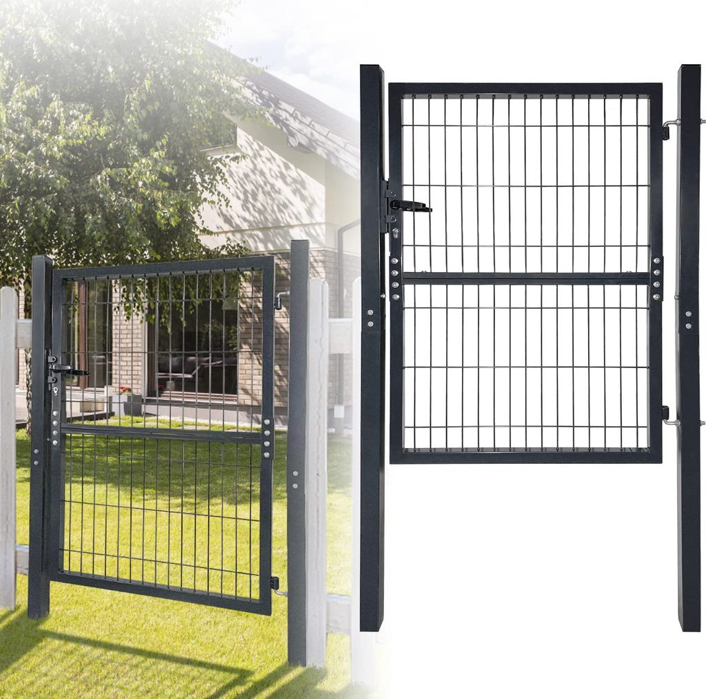 JOIEYOU Doppelstabmattenzaun Gartenzaun Tor Metall Gartentor Stabmattenzaun 125x100cm Zauntor Anthrazit Doppeltor inkl. Schloss Türklinke und Schl...