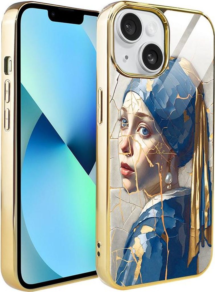 IBIZU Elite Glass iPhone 13 Hülle, Glasrückseite, Kintsugi Art, Frau mit einer Perle, Gold