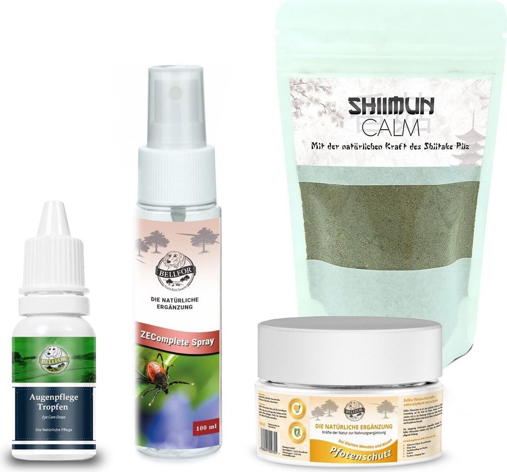 Bellfor Sommerurlaub Sparset für Hunde - Shiimun Calm 50g + ZEComplete Spray 100ml + Pfotenschutz Salbe 110ml + Augenpflege Tropfen 30ml - 290.00 g