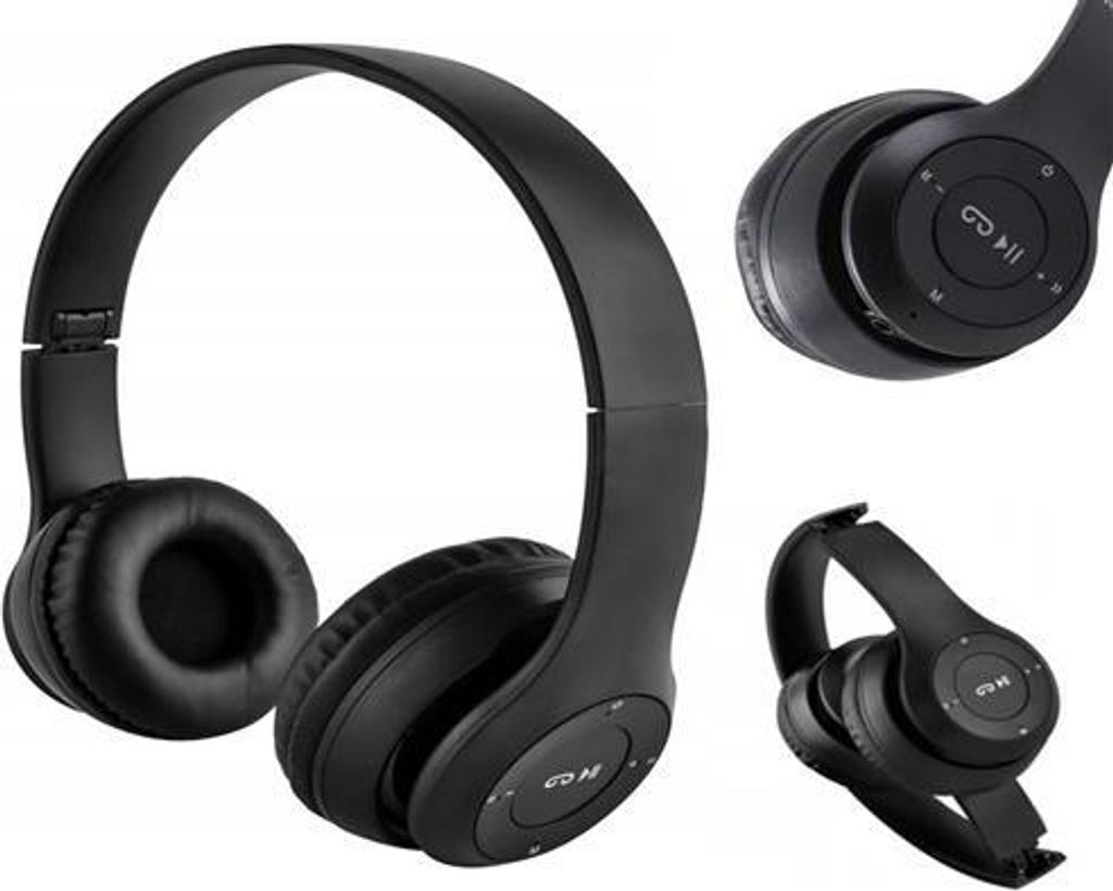 A collage of three images showing a pair of black wireless headphones from different angles.
