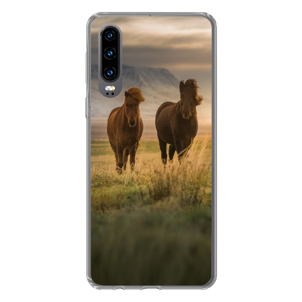 MuchoWow Handyhülle Schutzhülle Hülle für Huawei P30 Pferde - Luft - Gras Silikon Softcase Handy Hülle - Kartenbesitzer
