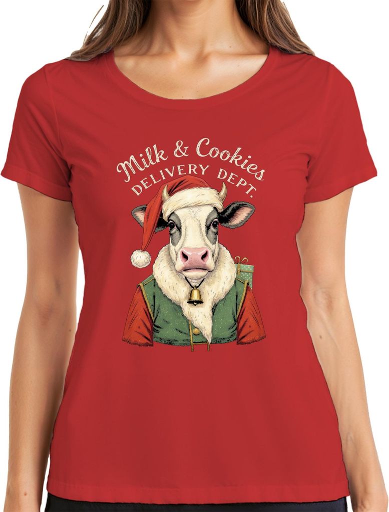 Milk Cookies Delivery Dept Weihnachten Kuh Santa Geschenk Lustig Damen T-Shirt, Rot, M