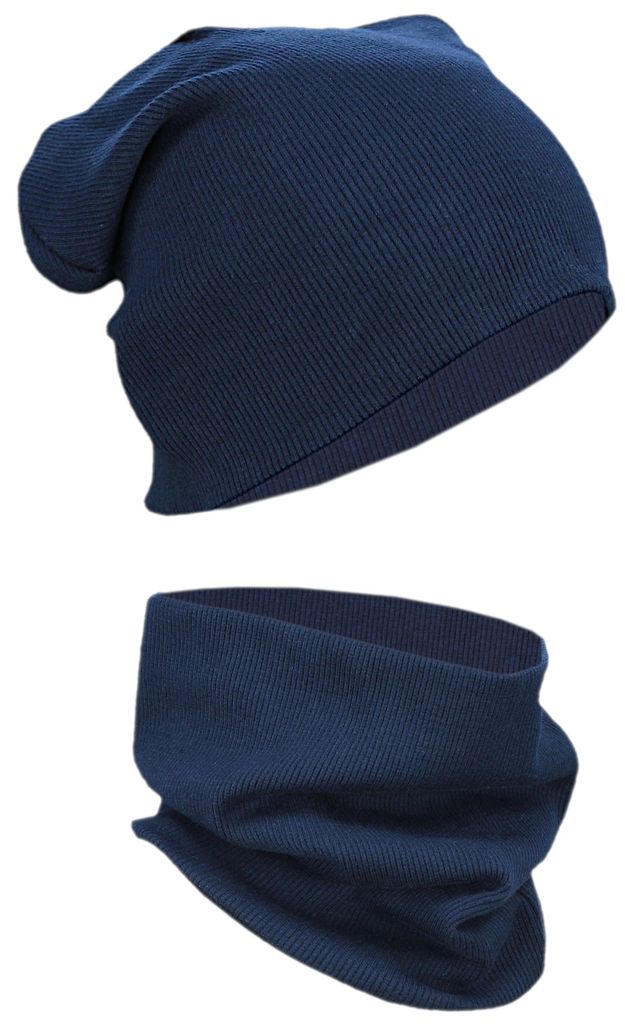 Alkato Uni Beanie Mütze und Schal Set Uni, Farbe: Rippstoff Dunkelblau, Größe: Einheitsgröße