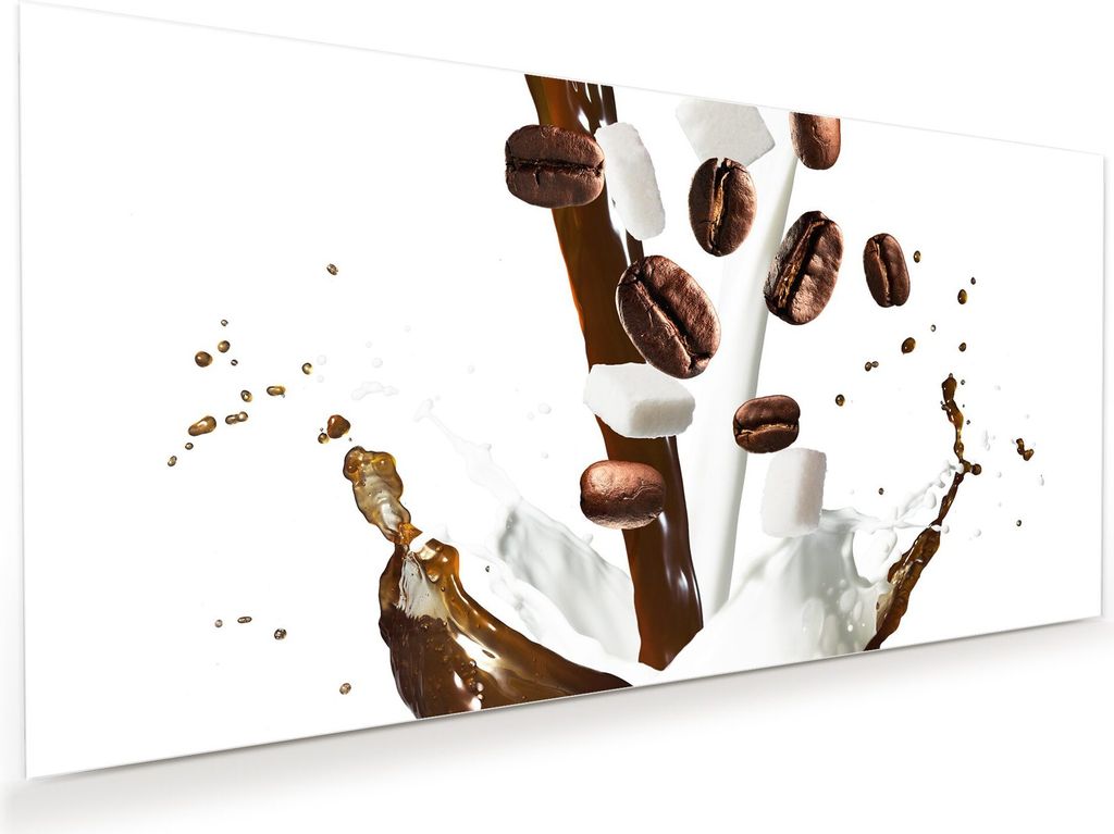Glasbild Wandbild Splash aus Milch und Kaffee 60x30cm in XXL für Wohnzimmer, Schlafzimmer, Badezimmer, Flur