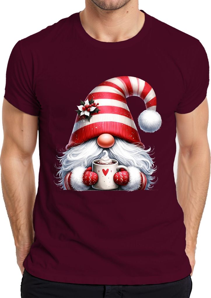 Niedlicher Weihnachtswichtel mit Tasse und Herz Weihnachtsgeschenk Herren T-Shirt, Burgundy, L
