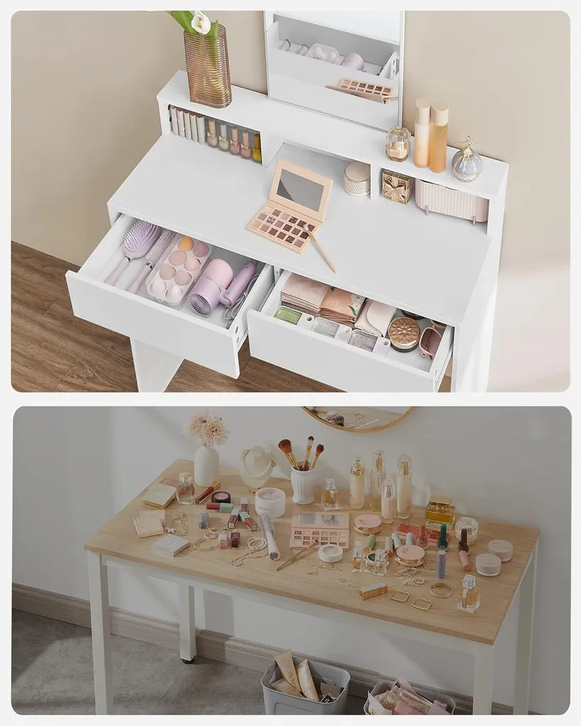 Coiffeuse avec Miroir Rectangulaire et 2 Tiroirs de Rangement, Design
