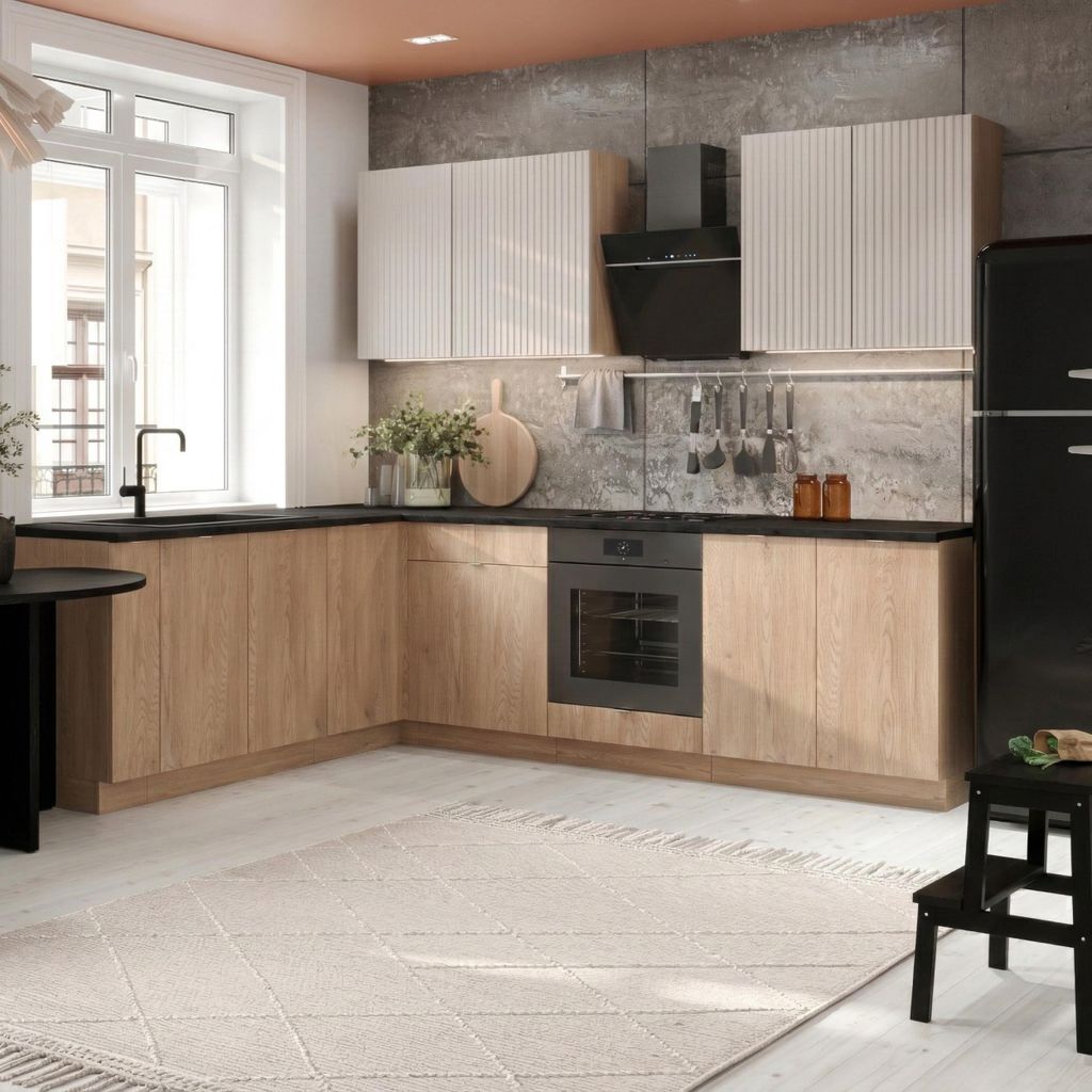 Küche L Form 200x260 cm - Eiche Cremona und Beige Matt - Küchenmöbel mit Griffe - Schwarze Arbeitsplatte - Eckküche - SOFIA