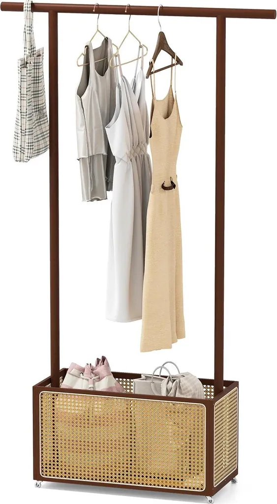 Porte-manteau bambou et rotin avec panier de rangement et 4 roulettes