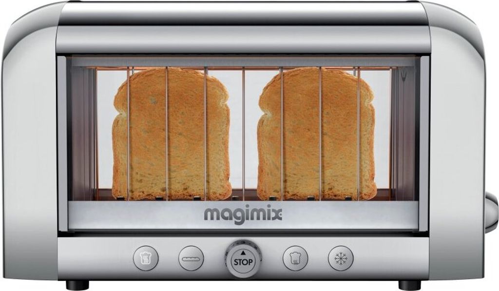 A front-on view of a Magimix toaster with two slices of toast inside.