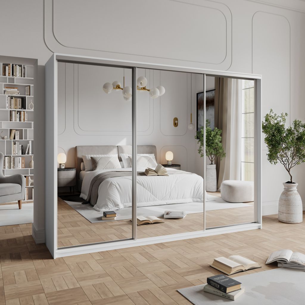 Masseno Schiebetürenschrank RIEN 270/205/60 cm Kleiderschrank mit Schubladen Schlafzimmer Schrank 3-türig mit Spiegel Weiß + Satin