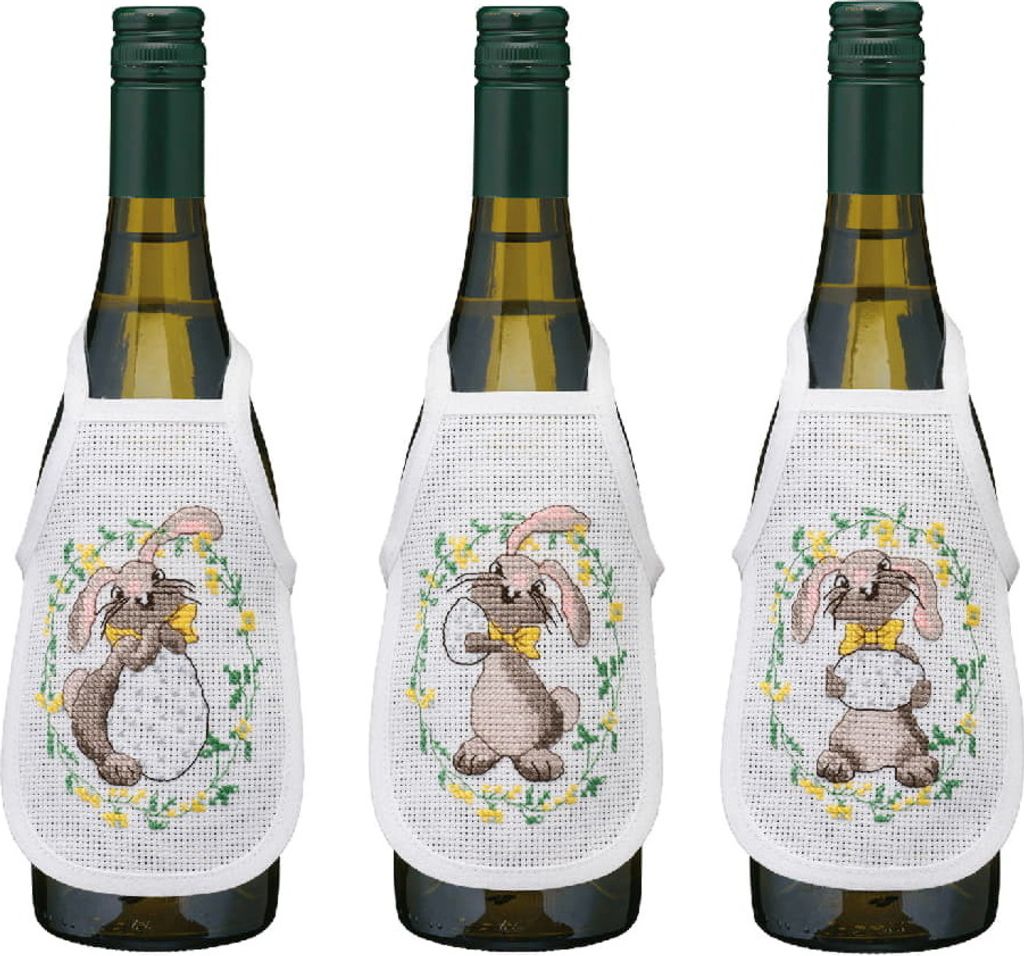 Permin Kreuzstich Stickpackung Flaschenschürzen 3 Stück "Osterhase", Zählmuster, 10x15cm