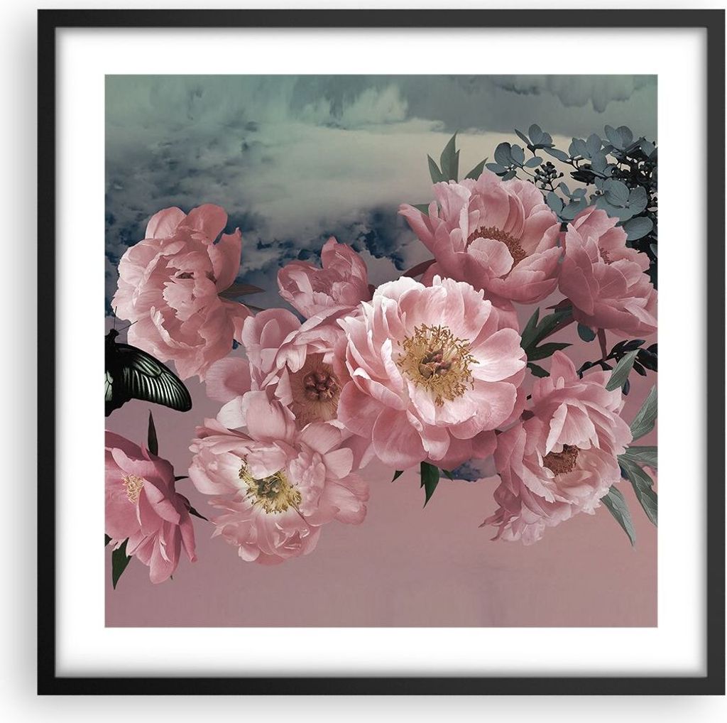 Gerahmtes Poster - Schwarzer Rahmen - Blumen Schmetterling Wolken - 50x50 cm - Wand Bild - Wanddeko - Wandbilder - Kunstposter - Wandposter - Bilde...