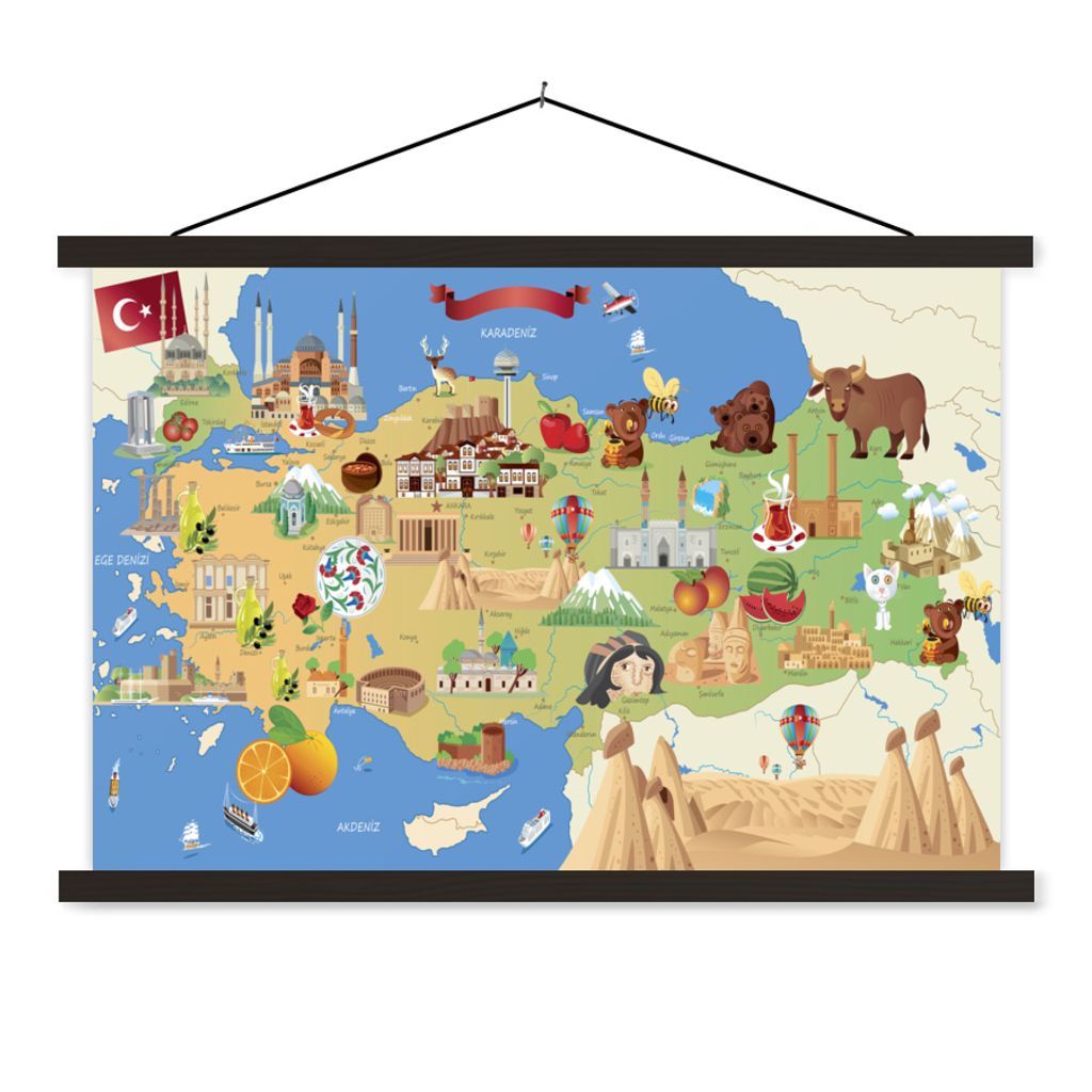 MuchoWow Textilposter Illustrierte Karte der Türkei 90x60 cm mit schwarzem Rahmen - Aufhängungssatz