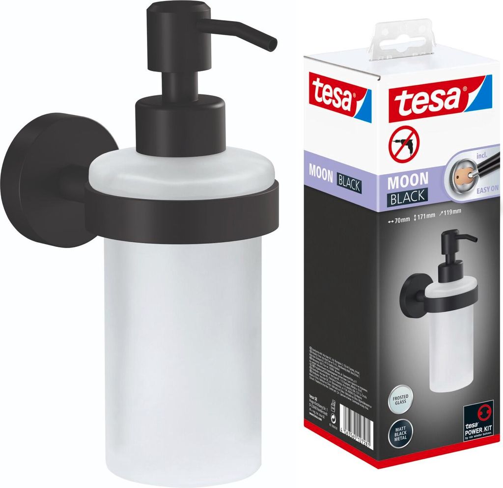 tesa Seifenspender Wand schwarz matt nachfüllbar ohne Bohren - MOON BLACK Serie