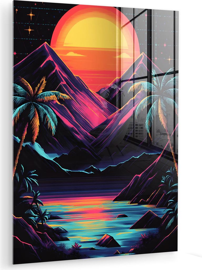 MuchoWow Glasbilder - Bilder auf Wandbild - Foto auf Glas Palmen - Neonberge - Sternenhimmel - Sonne 60x80 cm Wanddekoration aus Glas - Acrylglasbi...