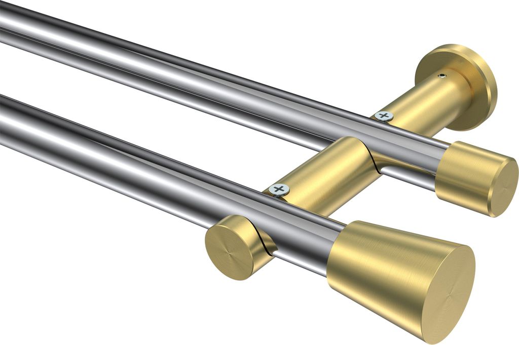 Interdeco Gardinenstange / Vorhangstange Chrom / Messing-Optik, Typ Platon Sitra (Konus) ohne Ringe, 20 mm Ø 2-läufig, 280 cm