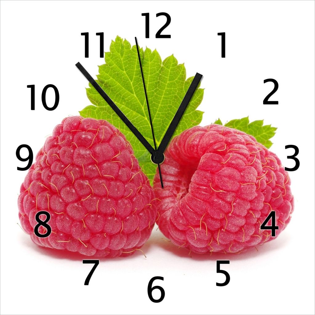 Wallario Design Wanduhr Himbeeren mit grünem Blatt auf weißem Grund aus Echtglas, Größe 30 x 30 cm