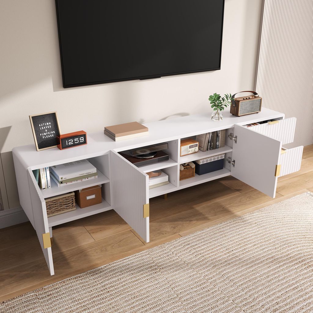 MODFU TV-Schrank Modern Lowboard mit Schubladen und goldene Griffe,Fernsehbank mit Metallbeine,Fernsehschrank mit Aufbewahrung + verstellbareFüße...