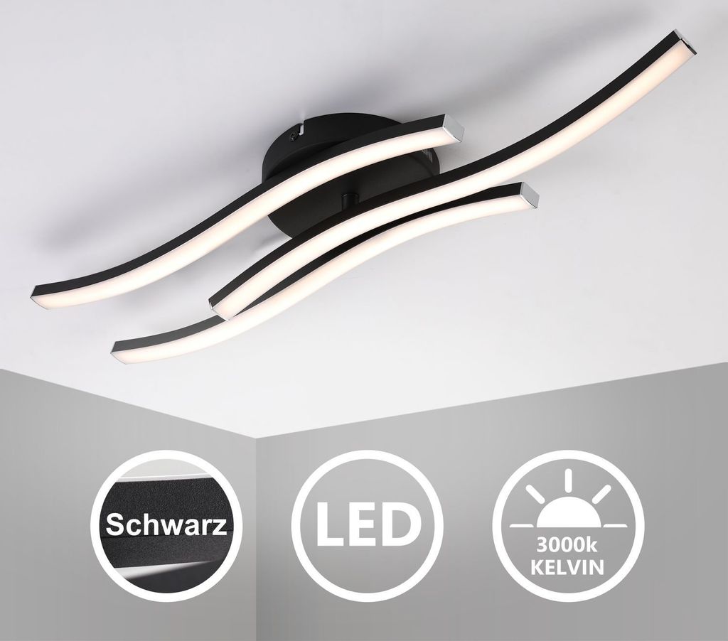 IMPTS LED Deckenleuchte 16W Modern Deckenlampe Schwarz mit 3-Wellige Lichtleisten Lampen Deckenbeleuchtung Warmweiß Wohnzimmer Flur Deckenleuchte